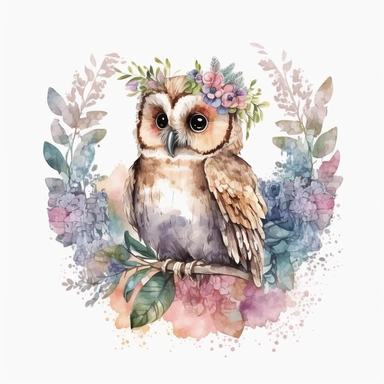 watercolor cute cartoon fantasy owl defined edges Floral Clipart pastel color white background