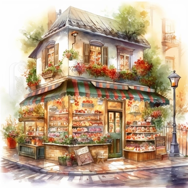 a very cute bakery shop with lots of cake and dessert , clipart, exterior view, cozy, flowers, luminious, dramatic lighting, super detailed, daytime, Thomas Kinkade style, watercolor, 8k, on isolated white background