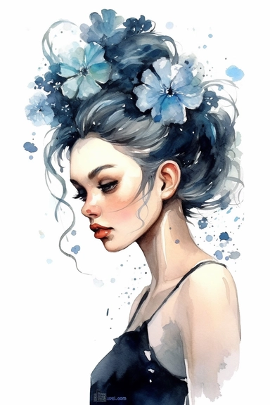 a cute cartoon pretty young Girl with a high blue colored bun and roses sparkling around her profile, long curly hair with mini flowers in head, portrait, daydreaming expression in watercolor form, sarah kay and holly hobbies, clipart, watercolor, smiling, on a white background, daydreaming expression in watercolor form
