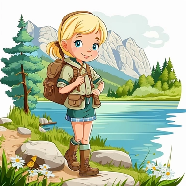a cute scout girl, clipart, full body, blond, in nature, near river
