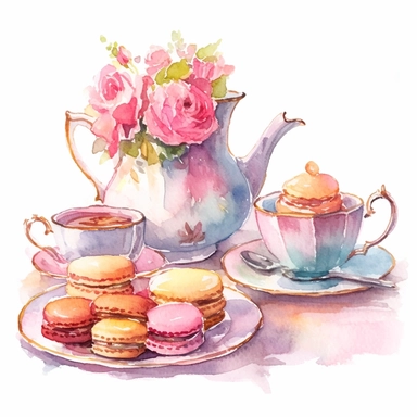 various the cups and teapots in the set with dessert table at a pink rose-themed tea party reminiscent of the traditional British afternoon tea, with a touch of love, featuring an assortment of delectable treats cartoon style, watercolor, pastel color palette, sunday afternoon tea time, different elements of tea time style, clipart, white background