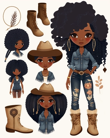 Denim girl clipart, cowboy hat, wearing black knee high boots, Denim clipart, Fashion girl clipart, Jeans Girl Clipart, African American clipart, Afro girls clipart--seed 2829693263,