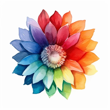 A small watercolor painting of a blooming flower, accompanied by a color wheel showcasing the primary, secondary, and tertiary colors, demonstrating color mixing and harmony in watercolor art, watercolor, clipart, flat white background