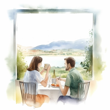 watercolor, hyper realistic, white background with margins, 8k, ultra detailed clipart people enjoying breakfast together, such as a couple, a family, or friends., by the window, countryside view