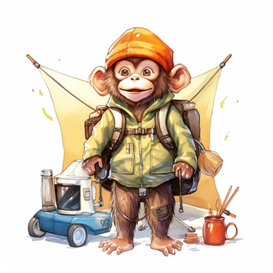 cute Monkey character wearing camping clothes and camping gear with happy face,front facing on isolated background,with happy face and expression,Animal Sublimation Clipart,no splash watercolor,white background, ultra detailed clipart, cut out image, colorful watercolor realistic, cartoon style, ultra HD, sharp and clean art