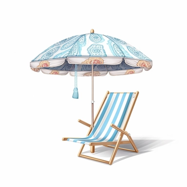 Beach Umbrella, Deck chair,beach in Sublimation Clipart,hyper realistic, intricate detail, illustration style,high solution,on the white background