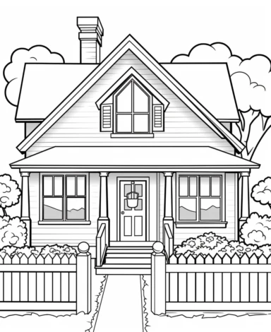 Depict a classic farmhouse with a sloping roof, chimney, and a charming front porch. Add details like windows, flower boxes, and a picket fence coloring page with Farming background design as an outline art drawing with thick bold clear lines that are neatly joined up together, outline, clipart, no colors, no shadows, no details, HD
