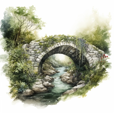 high level watercolor, hyper realistic, white background with margins, 8k, ultra detailed clipart, a delicate, vine-covered bridge arching gracefully over a babbling brook, fairy, dark green