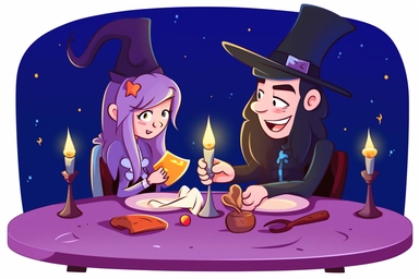 Cute Wizard on a magical candlelight dinner date with Cute Witch Clipart, on white background, spaced out, RGB, Romantic, Wizardcore, Witchcore, Multiverse, Ultra HD, hyperdetailled