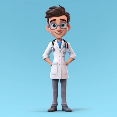 Front view of animated doctor standing wearing t-shirt character design, full body, face drawing with blue sky background, top quality, high quality face drawing, clipart, full illustration, 4k, sharp focus. Clear, soft skin, symmetrical, detailed face, c