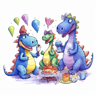 a foolish and cute dinosaurs having fun in a birthday party, clipart style, white bg