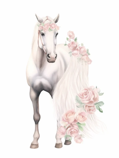 Isolated on a white background, in a feminine style popular on Etsy, with baby pink roses decorated for wedding on her head, full body white horse standing, high resolution, highly detailed, watercolor clipart illustration, soft pastel color theme, baby pink, 8k UHD image isolated on white background, hyper-realistic high resolution, only a horse with a crown of roses on its head