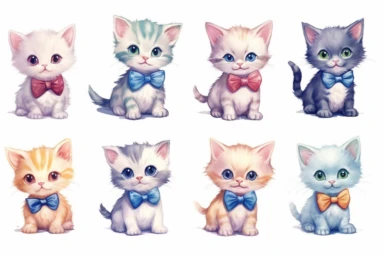 9 sets of a cute baby kitten Munchkin, smile,round face,round head,Wearing a flower bow tie,different poses,different breeds, clipart, isolated on white background, spaced out,