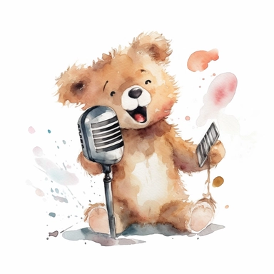watercolor , character cute singer baby teddy bear, clipart, vector, on white background, 8k