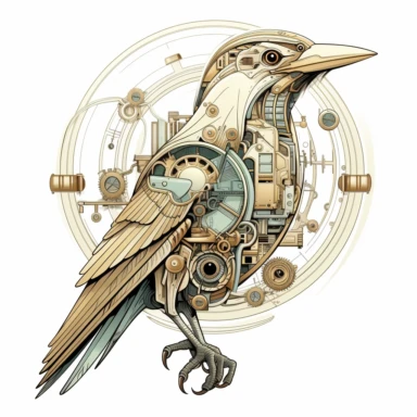 clipart, isolated on white background, a bird with earth tones, in the style of detailed science fiction illustrations, ivory, mysterious backdrops, quadratura, fairycore, wimmelbilder, fantastical machines