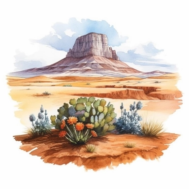 Hyperrealistic watercolor mesa and butte clipart in desert with some small shrubs in sight