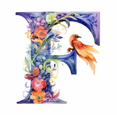 Watercolor illuminated initial, letter F, Clipart, F, witchy, magical, whimsical, white background, png