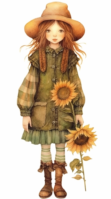 paper doll, sunflower country girl, full body vintage watercolor, I can't believe how beautiful this is, holly hobbie and nicoletta ceccoli clipart on white background