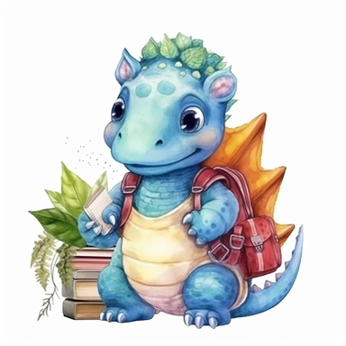 High resolution, cute baby dinosaur with backpack to school, watercolor clipart, white background for removing background