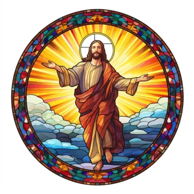 an inspirational stain glass frame featuring Jesus’ transfiguration, in the style of energy-filled illustrations, pencil art illustrations, samikshavad, historical illustrations, tondo, scientific illustrations, clipart, circular shape,