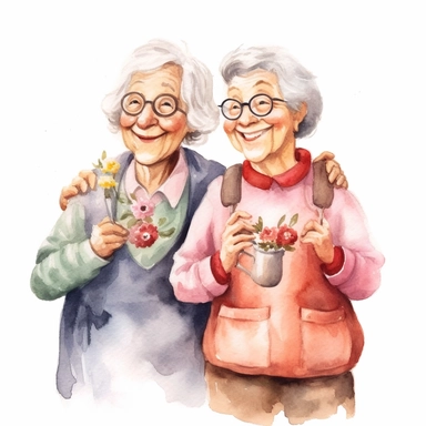 a watercolor clipart image with a white background, featuring a cute sweet extremely happy two cartoon grandmas