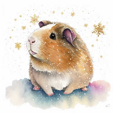 happy winter guinea pig at Christmas time, cartoon, glitter, stars, snowflakes, watercolor, white background, clipart