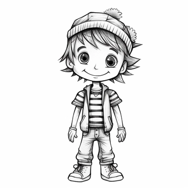 boy doll style smiling, thin black contour lines, arms crossed, jeans, sneakers, striped hat, tousled hair, cartoon clipart, cute eyes, illustration for children, disney