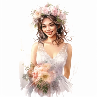 beautiful watercolor fun, happy and cute photorealistic stylish, smiling bride in white wedding dress and tiara beautiful, whole body, decorated in big pastel and light colors flowers in the style of aquarelist, wedding illustrations award winner, wedding clipart, 8k, white background, intricate details illustrations very detailed, uhd exquisite clothing detail, rimel neffati