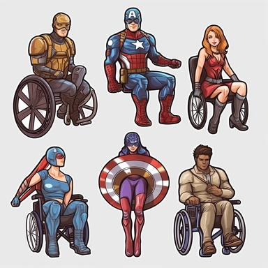 6 clipart elements, series of very hyperdetailed colorful stickers, cool people with disabilities, marvel style, superheros, each sticker with a clear white outline between each element, light grey background, realistic