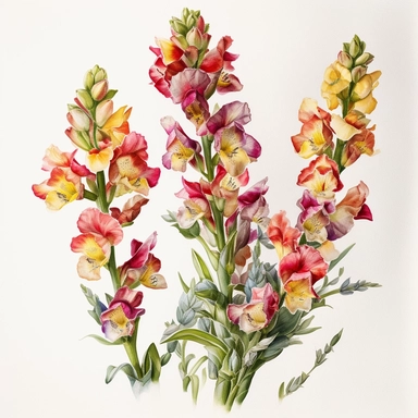 Watercolor Painting of beautiful multi - headed Snapdragon Wreath FLOWERS on white background DETAILED ILUSTRATION, Flora Design Patterns, Flemish Baroque by Rachel Ruysch, Behance, Rococo, Intricate Detailed, Soft Light Effect, Oil Paint Strokes, Light Academia Aesthetic Flowers, Lighting cinematic, all shown shimmering stamens, tyndall light, texture, colorful, 8k, fantasy, ray tracing, vivid, spectacular lighting, octane rendering, highly detailed, ultra - realistic, white background, clipart