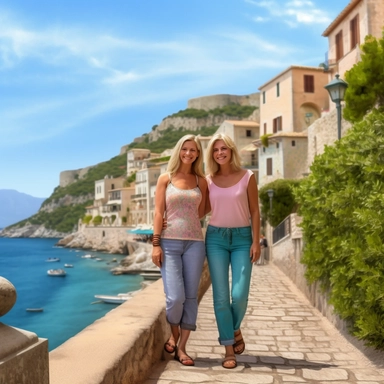 panoramic view, full view, landscape, two beautiful older middle-aged female best friends, age progression, heavier weight, one with long white blonde hair and one with short white blonde hair, age appropriate attire, same height, posing, smiling, beautiful faces, along a cobblestone walkway in a beautiful mediterranean town with view of beautiful blue water, cascading bougavanelia, beautiful summer day, illustration clipart, romantic, fantasy, ethereal, sharp focus, high detail, illustration cl