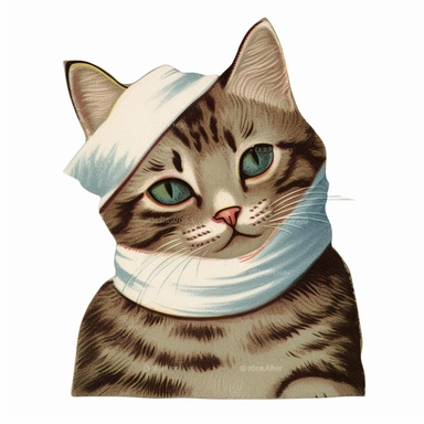 Vintage 1920 tabby cat with one eye closed & bandage Illustration, Chromolithograph, 1920s Illustration, Vintage, Chromolithograph, Colorful, Antique, Ephemera, Clipart, 8k, Isolated on white