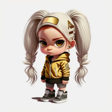 chibi white girl, colorful cloth, mesh bun hair style, gold hair, full length portrait clipart, sneakers, white background, A sharp photograph of an expensive, ultra realism, cinematic, epic, 8k,