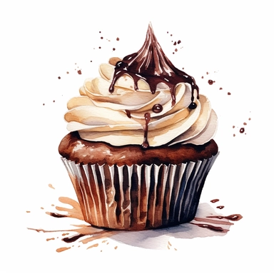 clipart of a cupcake with dark chocolate, white background, watercolor, high details, crisp details
