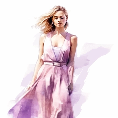 watercolor style, beautiful woman in summer dress in shades of mauve and white, realistic, clipart, isolated on white background, 4K