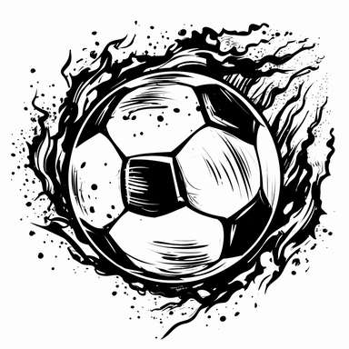 a black and white clipart of a soccer ball that is on fire, simple, printed, line shading