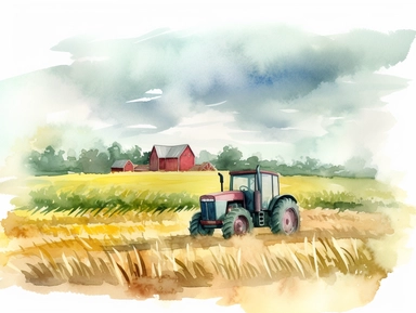 watercolor farm illustration in the style of atmosphere landscapes, American Countryside Corn Field With Stormy Sky, with tractor, carving, serene pastoral scenes, farm clipart, cute, happy, adorable, high quality, soft brush texture, soft colors, Summer Time. Make this image ultra-high resolution,