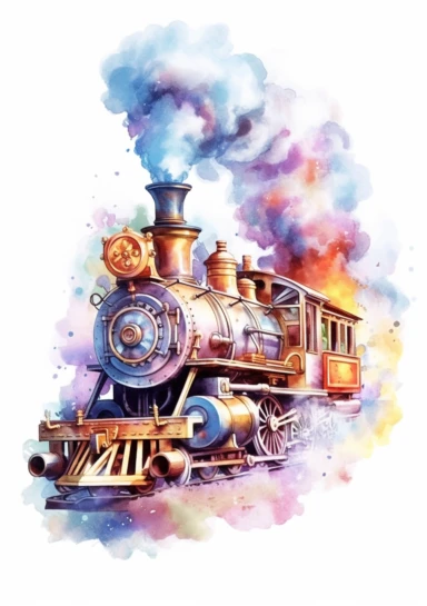 Pastel train, big beautiful locomotive, bursting with steam, Steampunk Clipart, Printable Watercolor, Retro Futuristic, Victorian Era Art Print, colorful, details, high quality 8K, white background