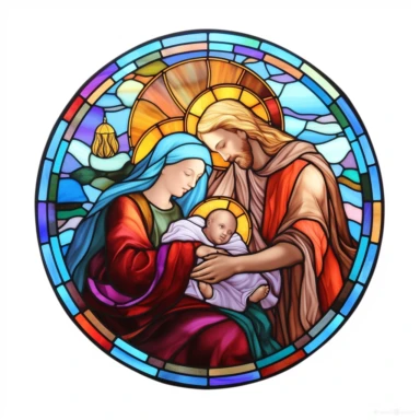 A stained glass window depicted birth of Jesus on a background of white, in the style of reimagined religious art, prismatic portraits, sketchfab, tondo, uhd image, clipart, circular shape,