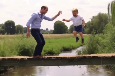 video clip of prince william throwing a prince louis in the air and laughing, he is standing on a hump back bridge across a small river