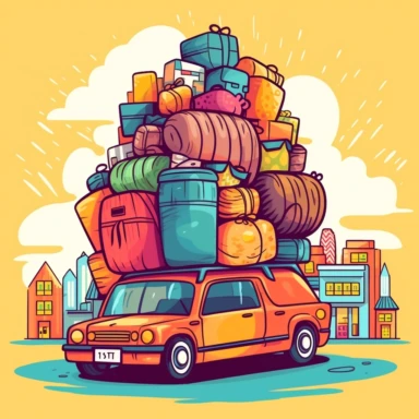 cartoon colorful vehicle moving from town, lots of bags and luggage on top of small car, simple road, clipart