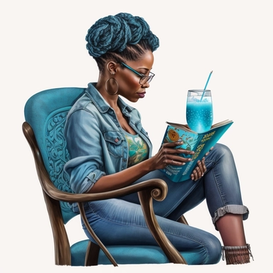 Beautiful African American woman, sitting in chair reading a book, black braid updo hairstyle, hyper realistic, intricate detail, wearing cyan blouse and denim jeans, sipping a glass of moscato, clipart