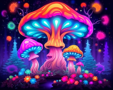 a neon rainbow mushroom clipart, vector art, cel shaded, flat image, trippy, galaxy, cosmic, smoky, floral, colorful, vibrant, dreamy, trending on artstation,