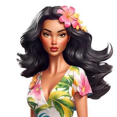 Beautiful pretty barbie doll hawaiian style, dark hair, paint art style, detail, clipart, white background, superrealistic, one of a kind