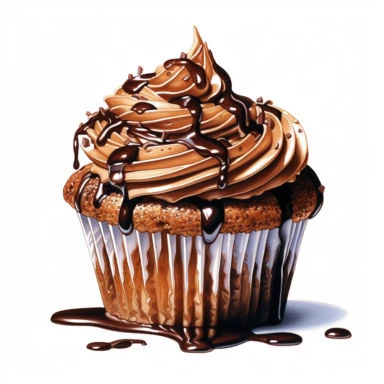 incredible detailed acrylic hyperrealism painted , dark chocolate cupcake with chocolate chips and high dark brown glossy cream, clipart, hyperrealism, clear picture in high resolution, highlights , white background, appetizing, clear and contrast image, reflections, very detailed drawing, menu illustration, realism, high quality, lighting like in a photo studio, advertising, hd