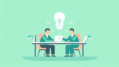 a simple flat microsoft office clip art style illustration of two office persons reviewing an important contract in their hand, idea light bulb on one of their head light green blue white pastel color palette