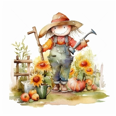 watercolour small garden with a cute scarecrow, clipart on white background, no watermark, highly detailed, professional color gradation, clean sharpness