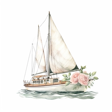 hand drawn , watercolor, hyper realistic, white background, white margins, 16k, ultra detailed clipart, cut out image, hand-drawn, ultra HD, sharp and clean art a vintage sailboat with delicate floral , capturing the romantic and feminine aesthetics often