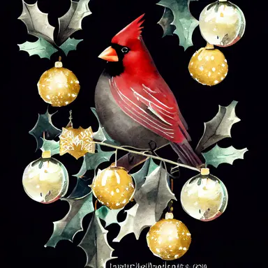 Cardinal bird, vintage lantern, winter greenery. Christmas clipart. Watercolor illustration. Pine fir branches, Holly berry, gold apple, coin. Floral bouquet. Holiday decor for print, card making