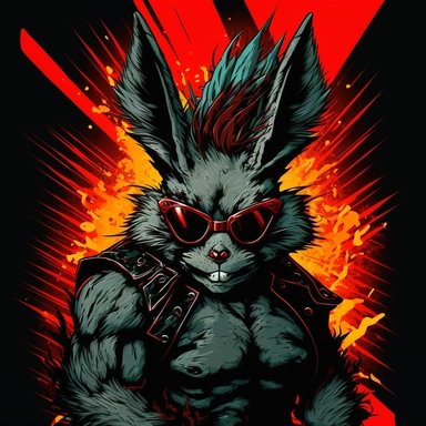 Warrior bunny with sunglasses, high contrast, anger, clipart